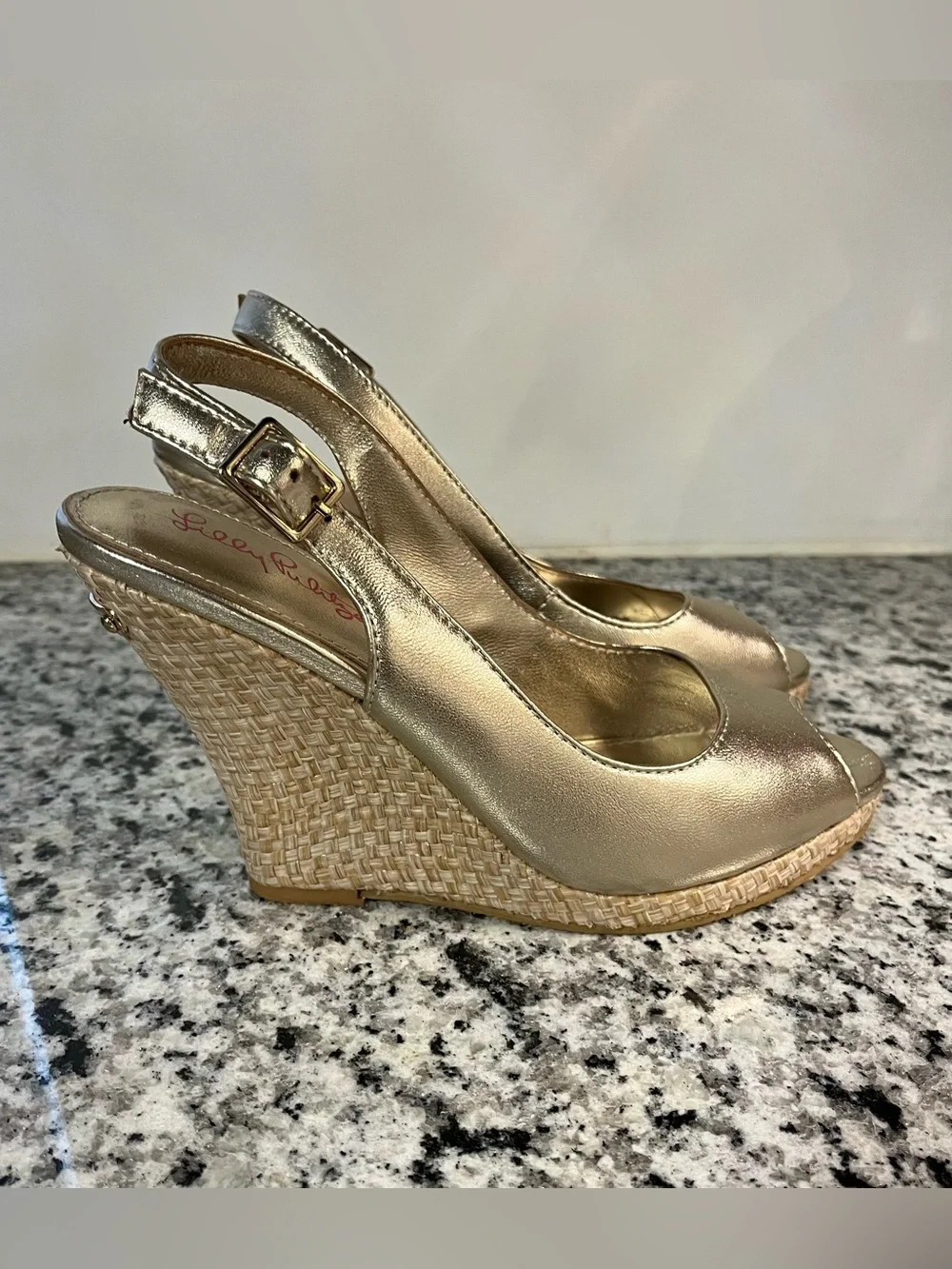Lilly Pulitzer Kristen Gold Sling Back Open Toe Wedge Sandal